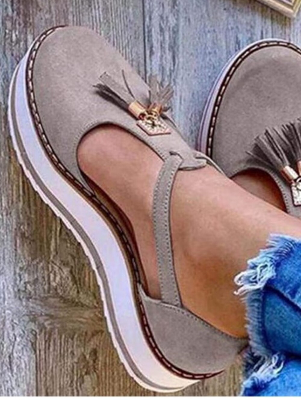 Gray Tassel Platform Wedge Sandals for Women